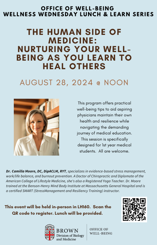 "The Human Side of Medicine: Nurturing Your Well-being as You Learn to Heal Others" is a targeted session designed for first-year medical students. This program offers practical well-being tips to help aspiring physicians maintain their own health and resilience while navigating the demanding journey of medical education. Recognizing that caring for oneself is crucial to providing optimal care for others, this session equips students with valuable strategies to thrive both personally and professionally in their medical careers.